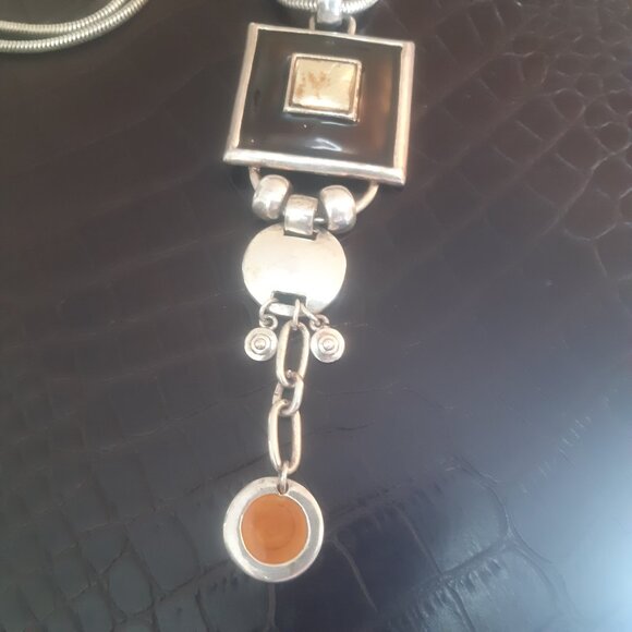 Vintage Pendant Necklace Silver Tone Metal 26" Brown, Orange & Silver Pendant - Picture 5 of 8